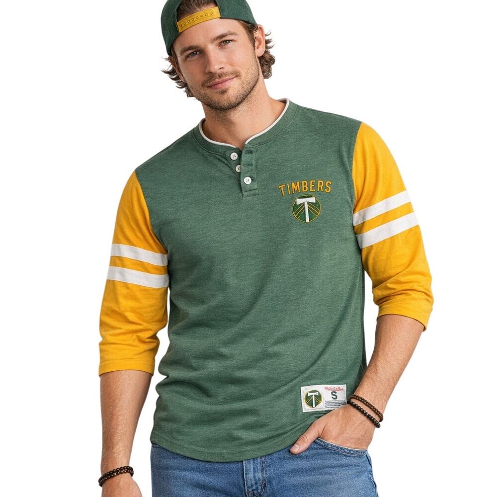 Mitchell & Ness Portland Timbers MLS Men's Small Shirt Green Yellow 3/4 Sleeves